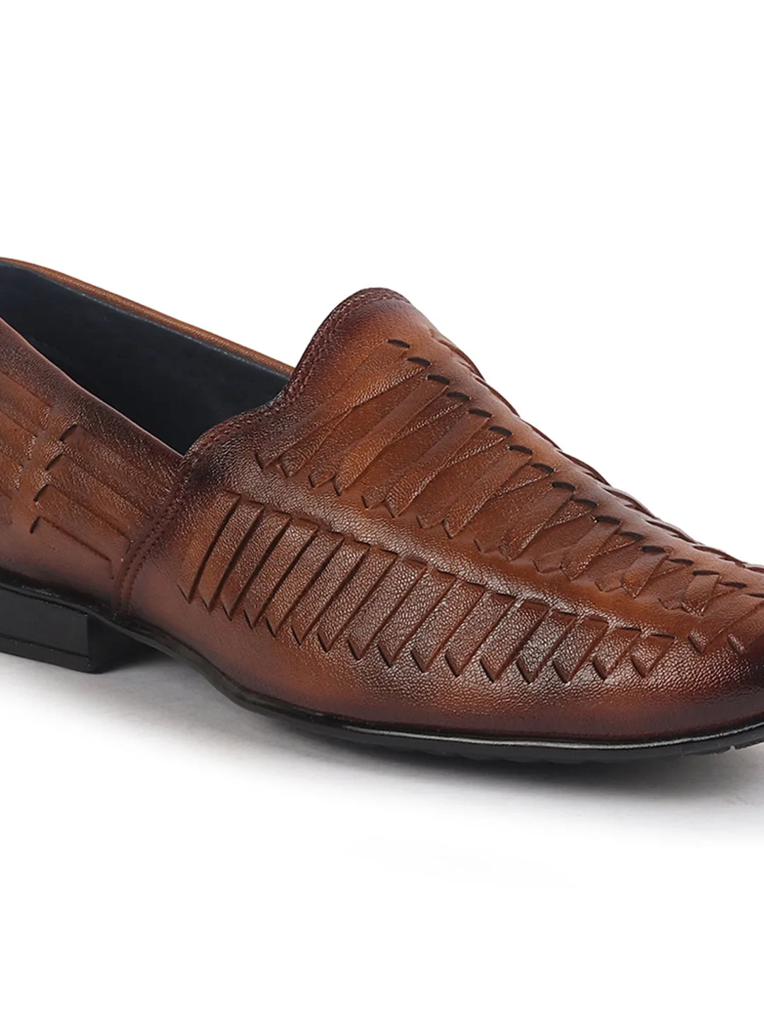 Men Tan Ethnic Slip On Knitted Stripe Juttis and Mojaris for Wedding|Party Slip-On|Traditional Kurtas Shoes|Festive Slip On Shoes