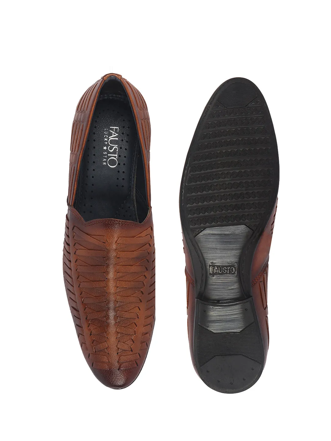 Men Tan Ethnic Slip On Knitted Stripe Juttis and Mojaris for Wedding|Party Slip-On|Traditional Kurtas Shoes|Festive Slip On Shoes