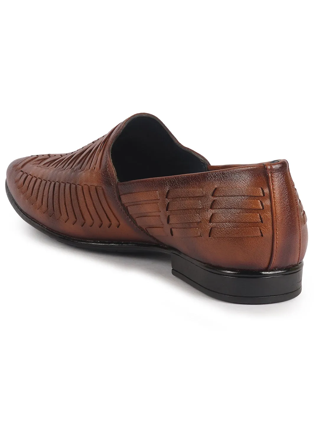 Men Tan Ethnic Slip On Knitted Stripe Juttis and Mojaris for Wedding|Party Slip-On|Traditional Kurtas Shoes|Festive Slip On Shoes