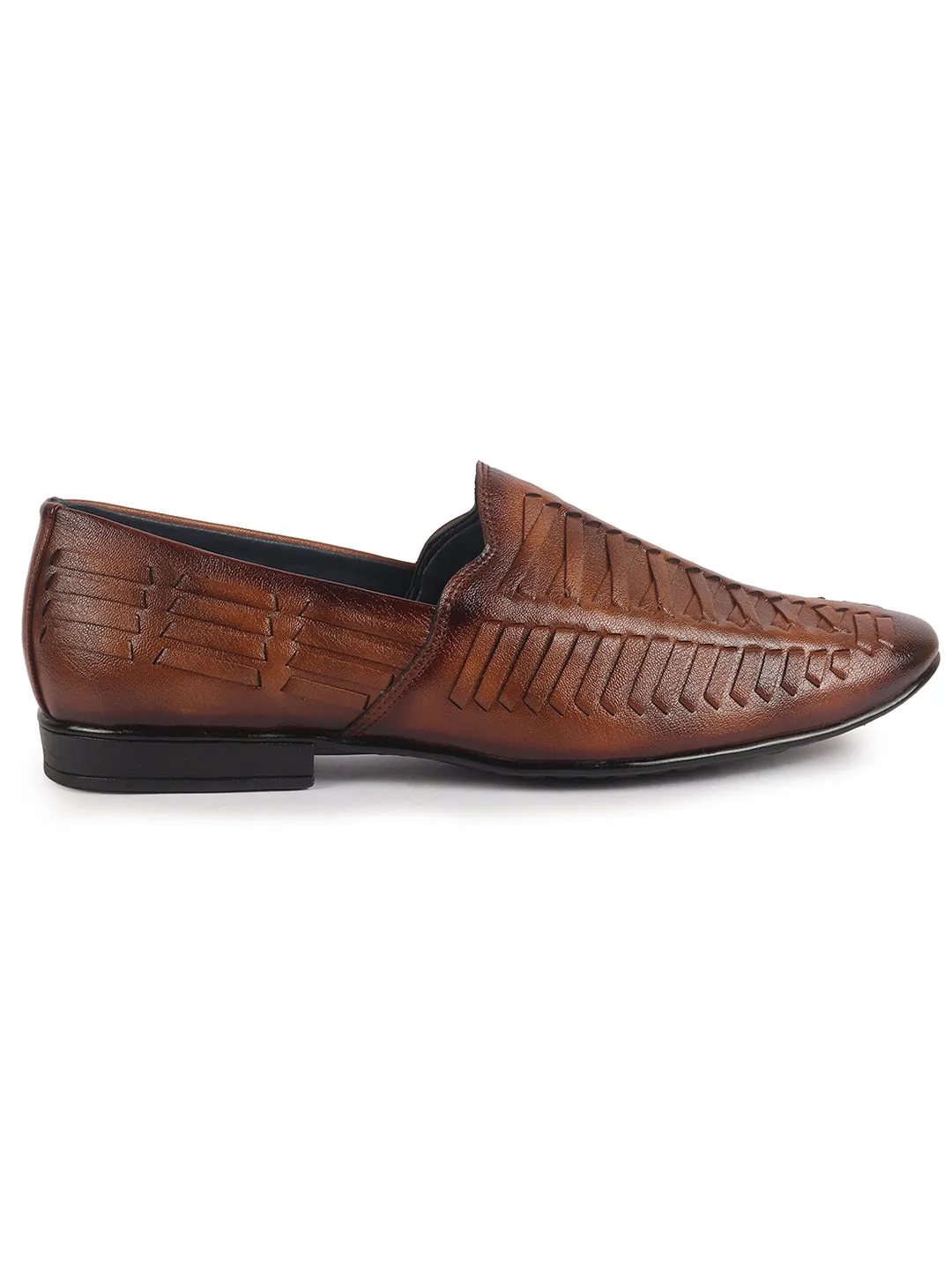 Men Tan Ethnic Slip On Knitted Stripe Juttis and Mojaris for Wedding|Party Slip-On|Traditional Kurtas Shoes|Festive Slip On Shoes