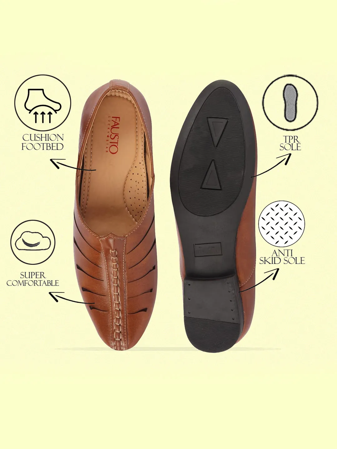 Men Tan Ethnic Wedding Party Laser Cut Design Slip On Juttis and Mojaris