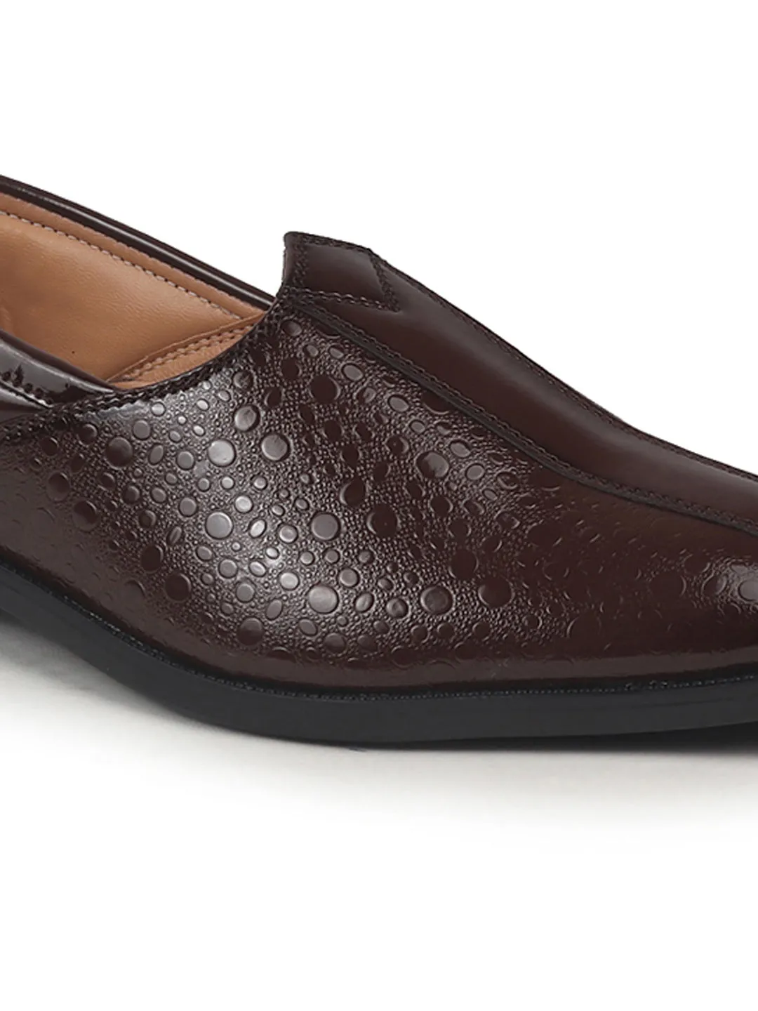 Men Tan Party Ethnic Patent Textured Print Slip On Juttis and Mojaris|Wedding Slip On Shoes|Evening Comfort Insole Mojaris