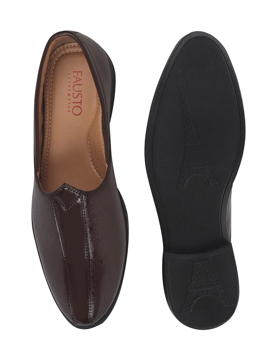 Men Tan Party Ethnic Patent Textured Print Slip On Juttis and Mojaris|Wedding Slip On Shoes|Evening Comfort Insole Mojaris