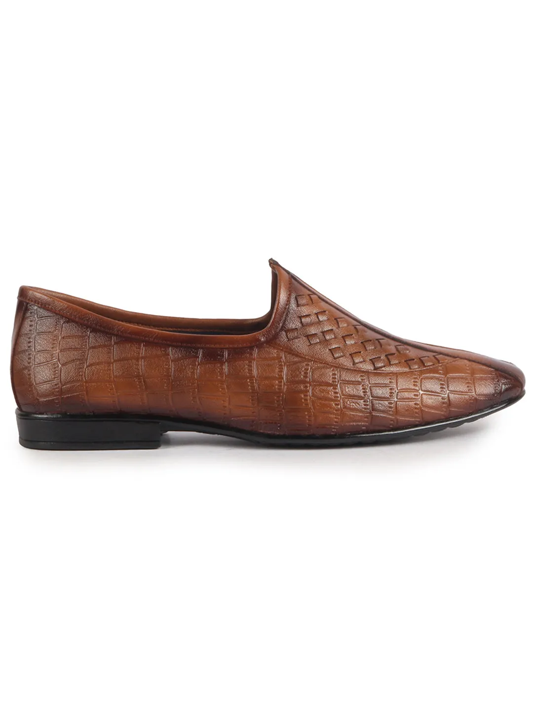 Men Tan Textured Ethnic Round Toe Juttis and Mojaris for Wedding|Festive Slip-On For Kurtas|Pathani Kurta Slip On Shoes