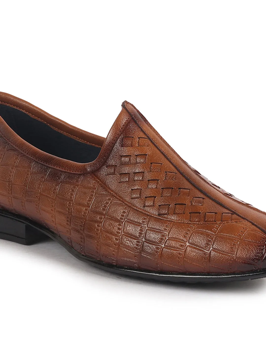 Men Tan Textured Ethnic Round Toe Juttis and Mojaris for Wedding|Festive Slip-On For Kurtas|Pathani Kurta Slip On Shoes