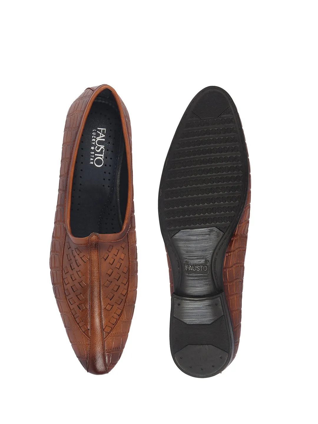 Men Tan Textured Ethnic Round Toe Juttis and Mojaris for Wedding|Festive Slip-On For Kurtas|Pathani Kurta Slip On Shoes