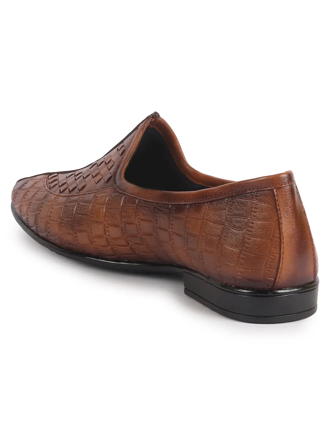 Men Tan Textured Ethnic Round Toe Juttis and Mojaris for Wedding|Festive Slip-On For Kurtas|Pathani Kurta Slip On Shoes