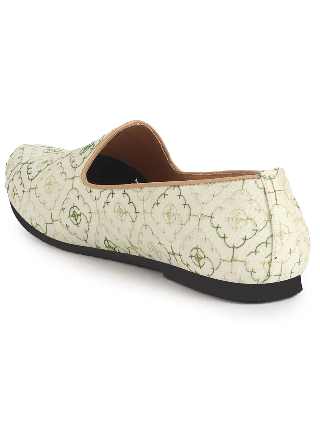 Men White Green Embroidered Ethnic Slip On Juttis and Mojaris for Wedding|Traditional Sherwani Shoes|Haldi Slip-On Shoe