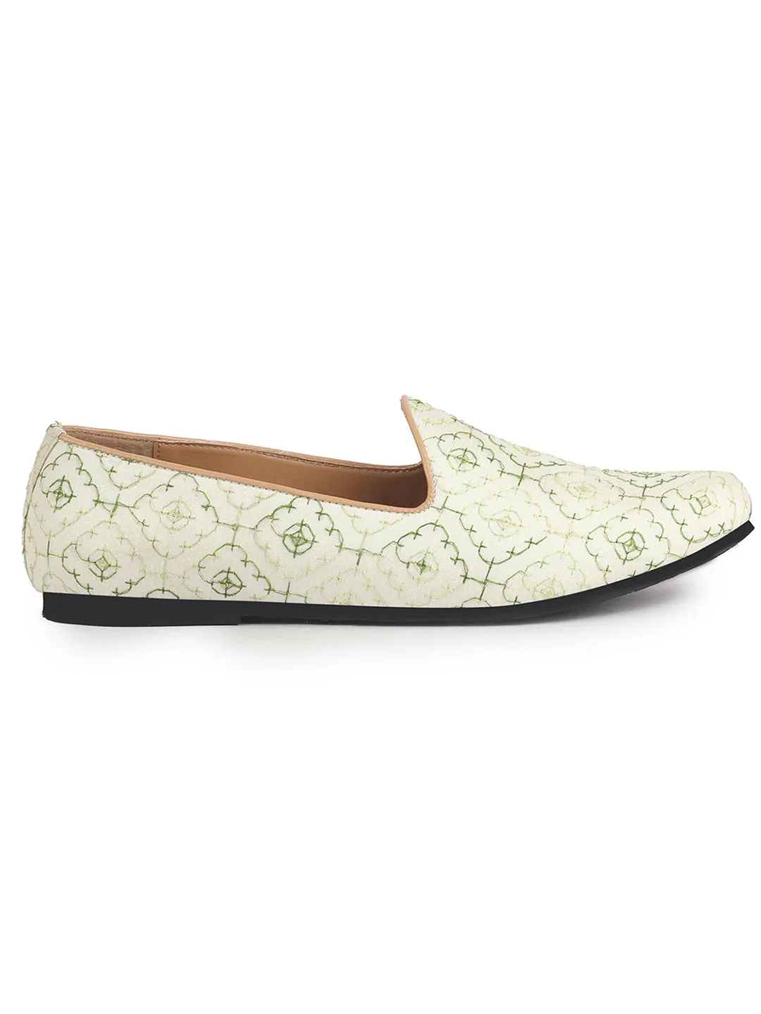 Men White Green Embroidered Ethnic Slip On Juttis and Mojaris for Wedding|Traditional Sherwani Shoes|Haldi Slip-On Shoe