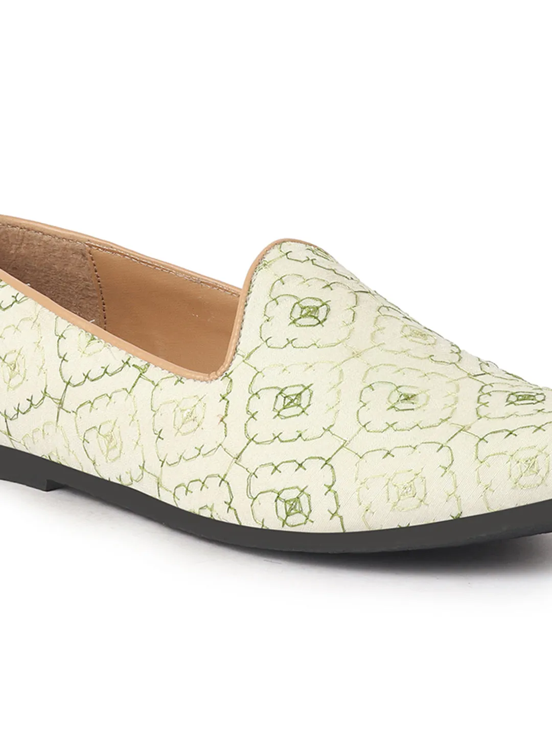 Men White Green Embroidered Ethnic Slip On Juttis and Mojaris for Wedding|Traditional Sherwani Shoes|Haldi Slip-On Shoe