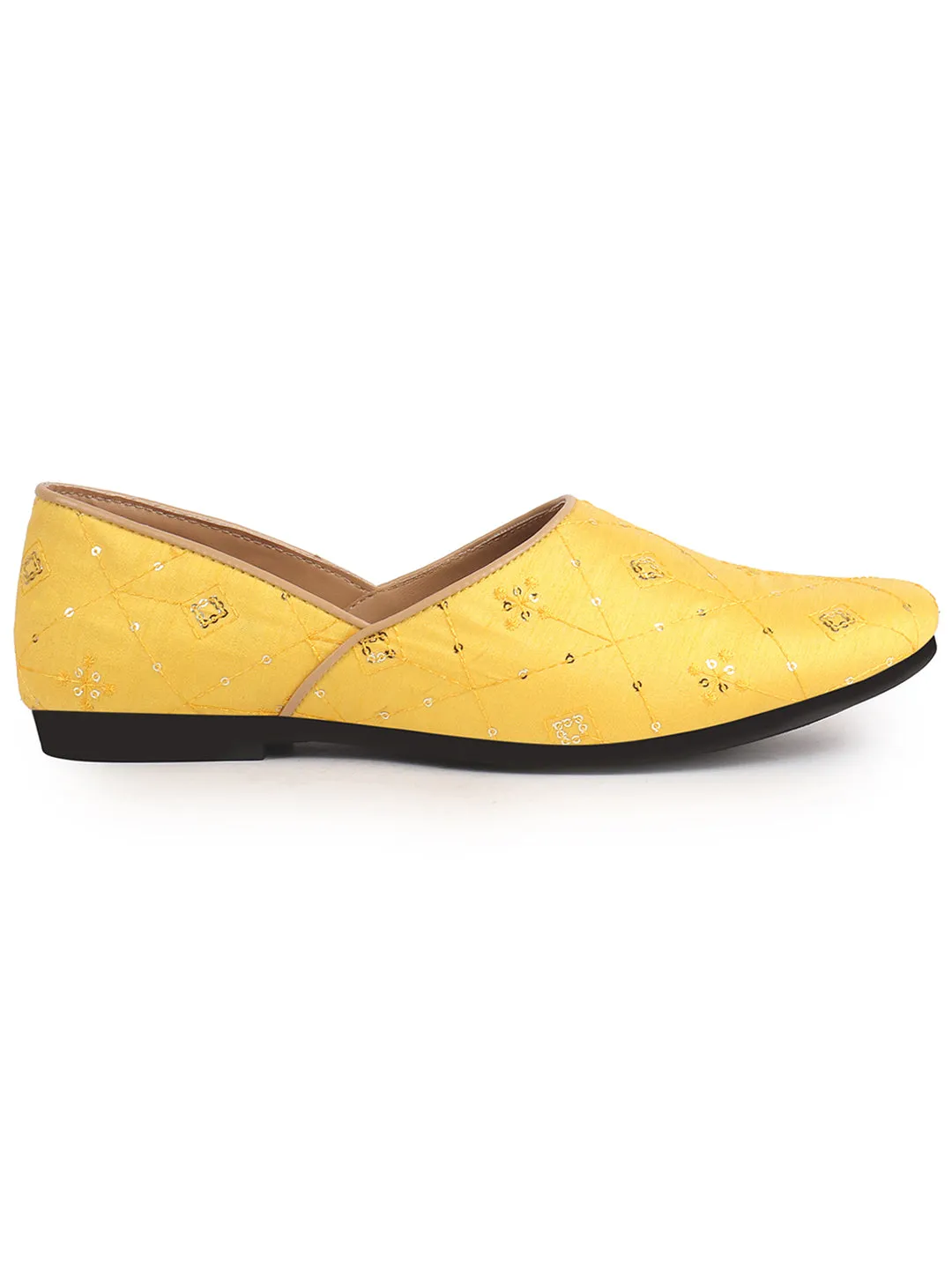 Men Yellow Embroidery Sequin Ethnic Slip On Half Cut Juttis and Mojaris for Wedding|Festive Party Slip-On|Traditional Sherwani Shoes