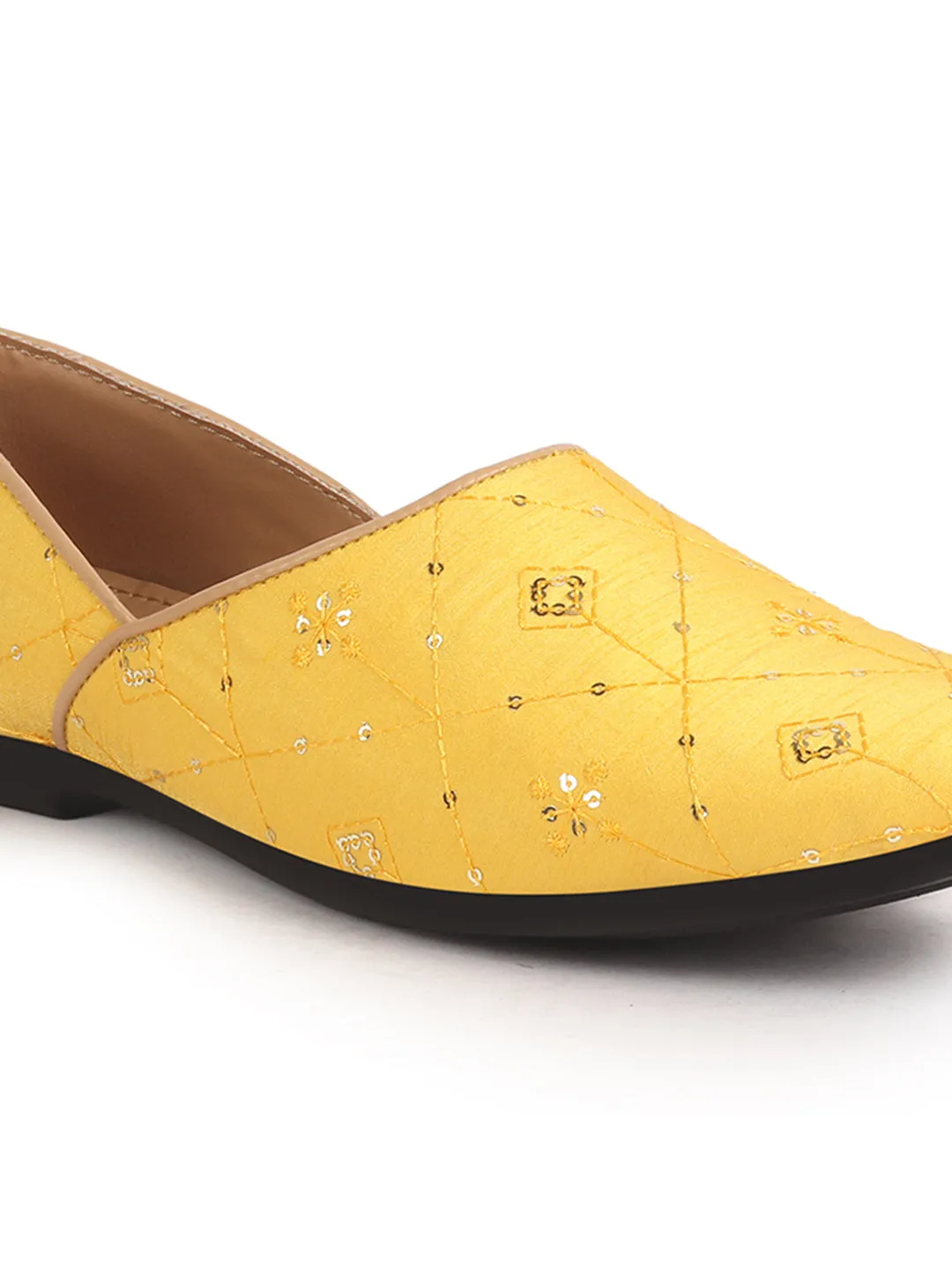 Men Yellow Embroidery Sequin Ethnic Slip On Half Cut Juttis and Mojaris for Wedding|Festive Party Slip-On|Traditional Sherwani Shoes