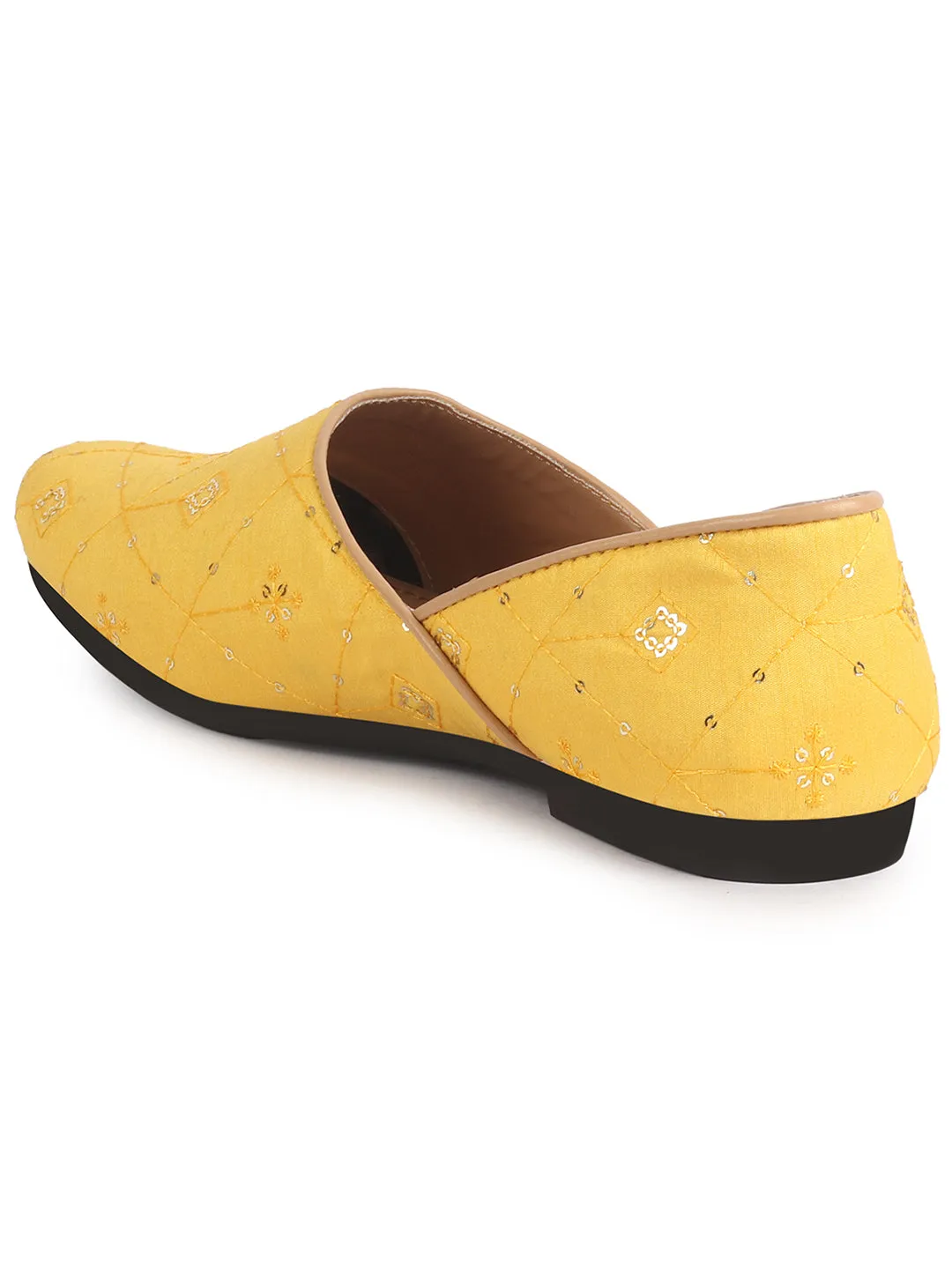 Men Yellow Embroidery Sequin Ethnic Slip On Half Cut Juttis and Mojaris for Wedding|Festive Party Slip-On|Traditional Sherwani Shoes