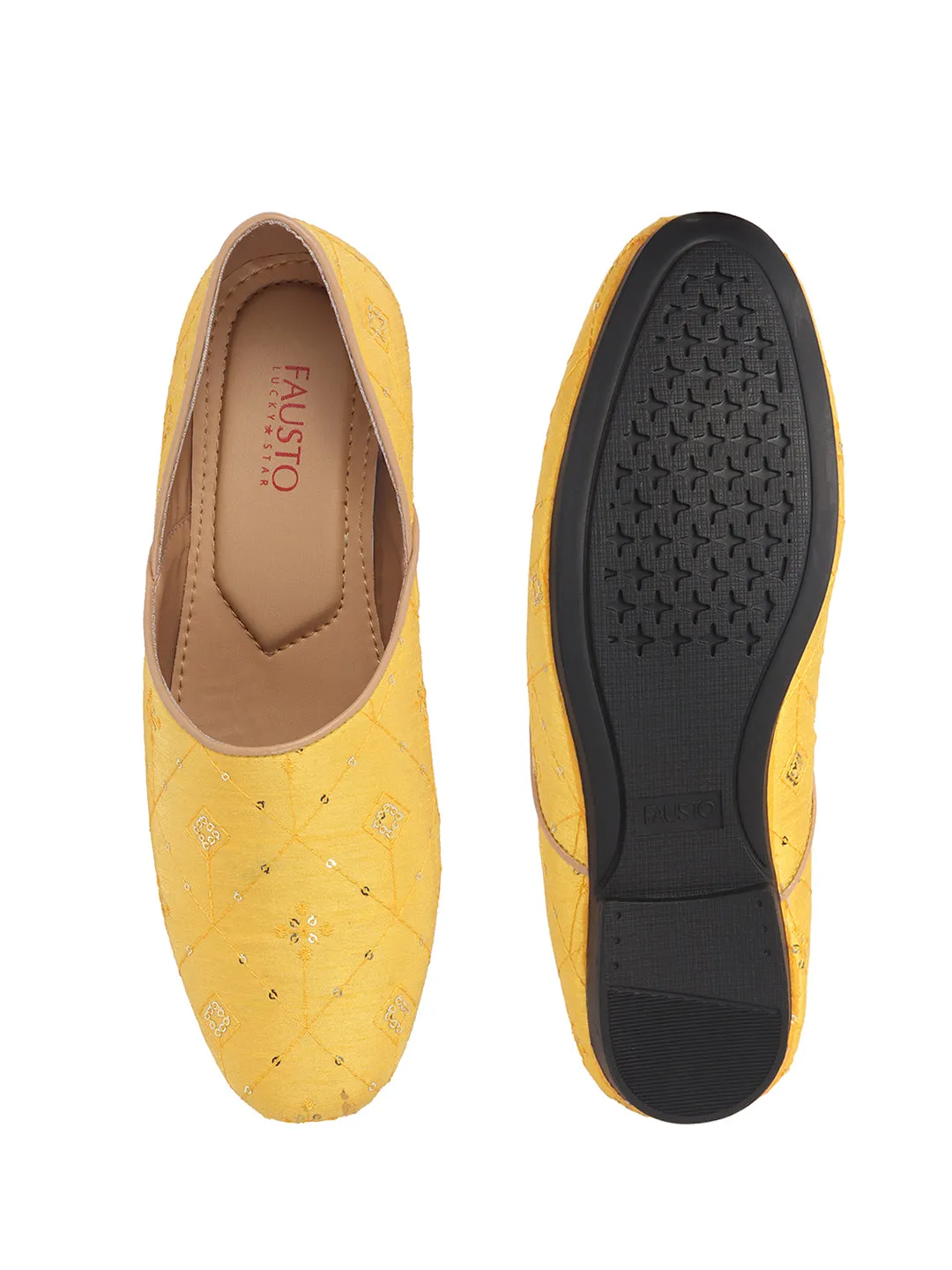 Men Yellow Embroidery Sequin Ethnic Slip On Half Cut Juttis and Mojaris for Wedding|Festive Party Slip-On|Traditional Sherwani Shoes