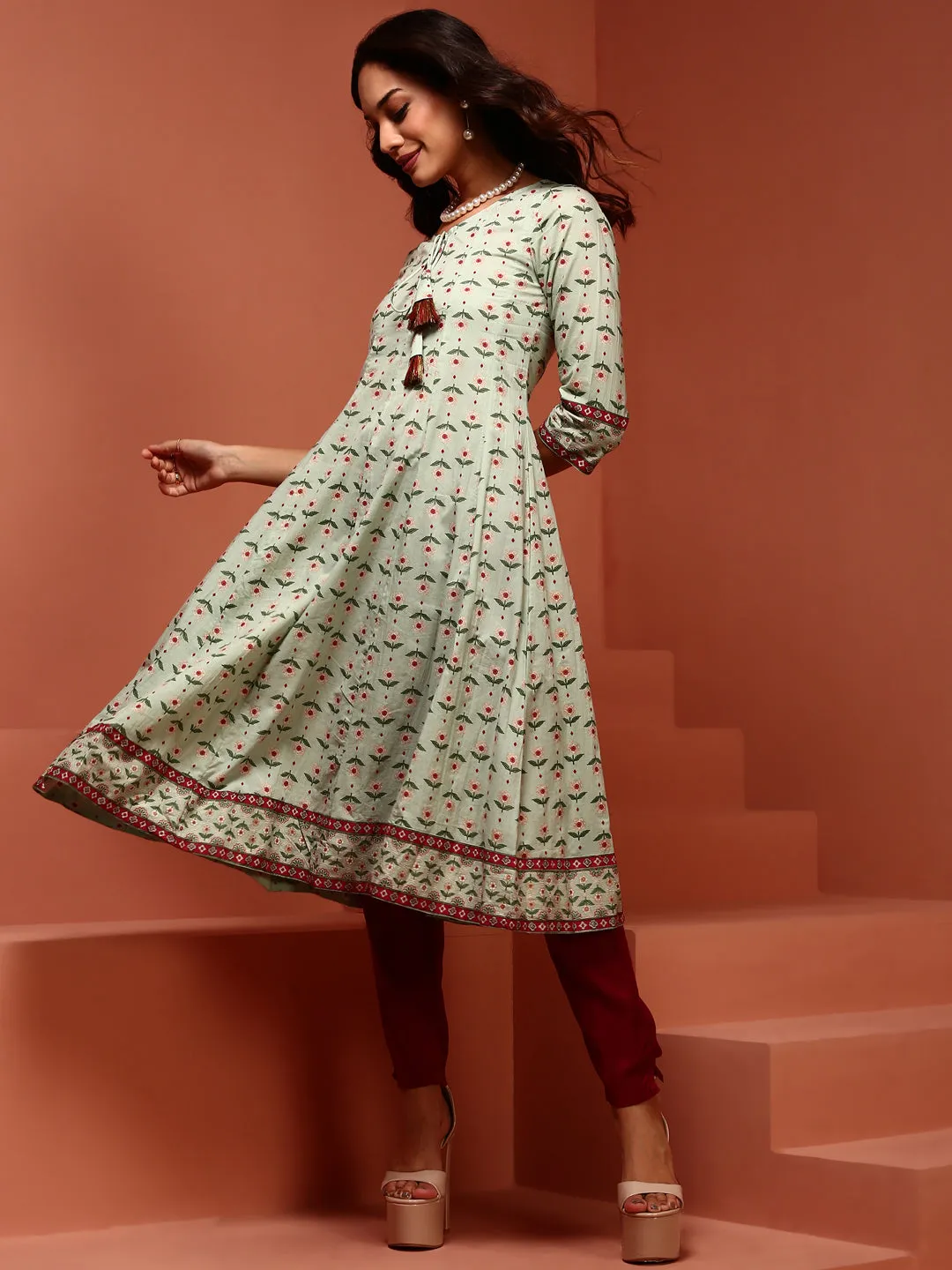 Mint Printed Pure Cotton Kalidar Kurta