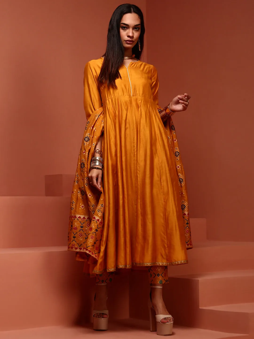 Mustard Solid Chanderi Anarkali Set