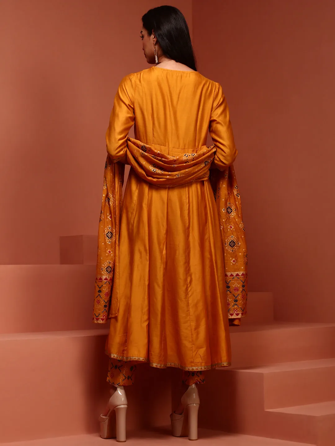 Mustard Solid Chanderi Anarkali Set