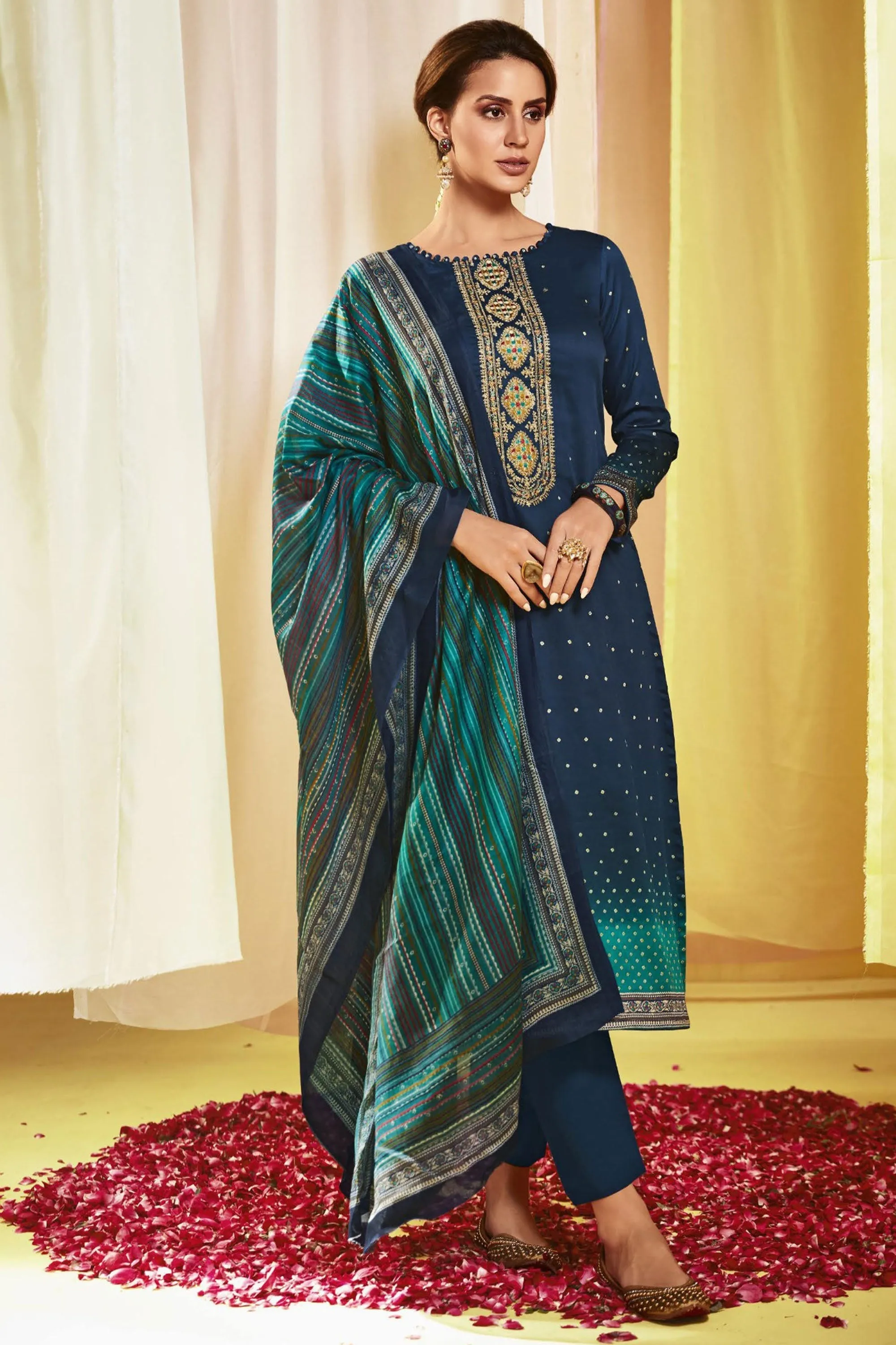 Navy Blue Color Satin Fabric Alluring Printed Salwar Suit