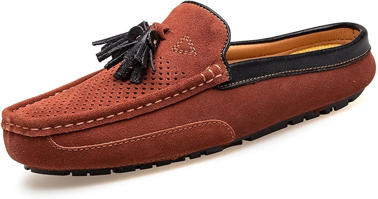 New Men's Loafers for Men Genuine Leather Tassel Stitching Details Perforated Breathable Mule Loafer Flexible Slip Resistant Comfortable Flat Heel