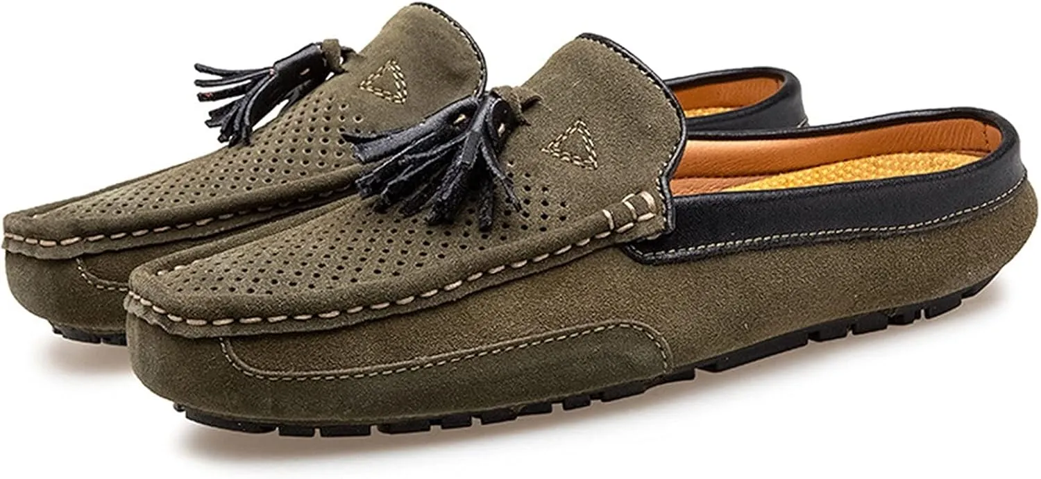 New Men's Loafers for Men Genuine Leather Tassel Stitching Details Perforated Breathable Mule Loafer Flexible Slip Resistant Comfortable Flat Heel