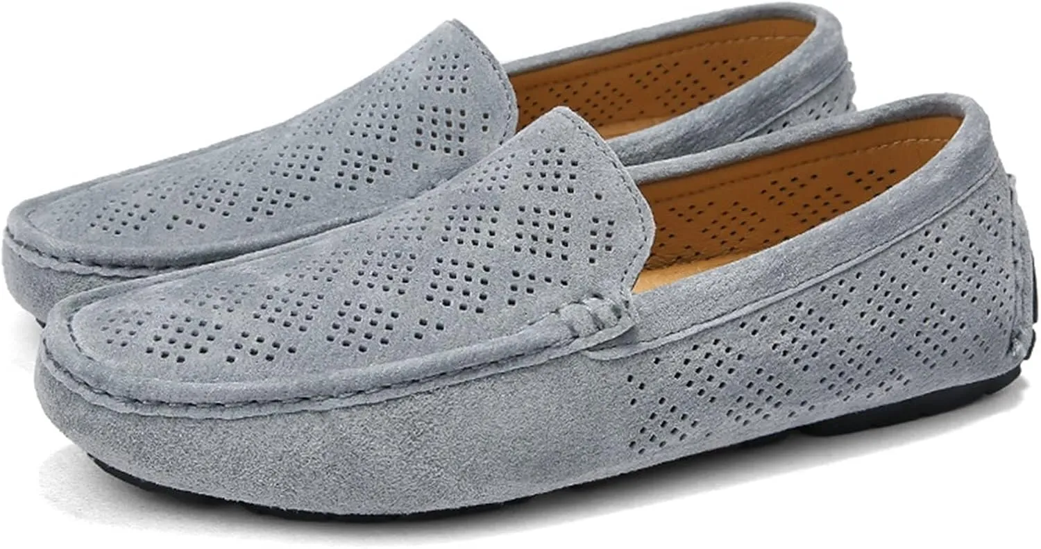 New Mens Men's Loafers Breathable Perforated Genuine Leather Round Toe Driving Comfortable Flat Heel Anti-slip Slip Resistant Lightweight Casual Driving