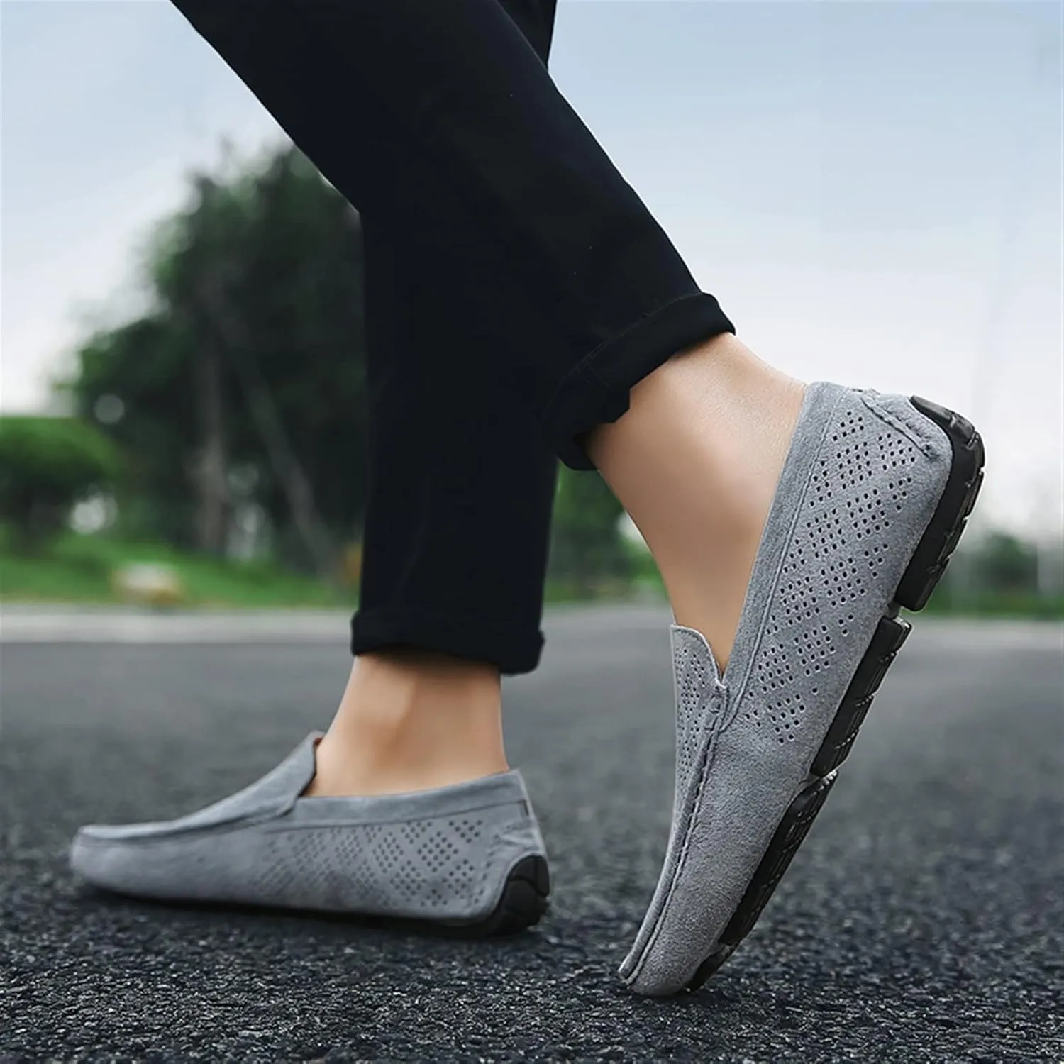 New Mens Men's Loafers Breathable Perforated Genuine Leather Round Toe Driving Comfortable Flat Heel Anti-slip Slip Resistant Lightweight Casual Driving