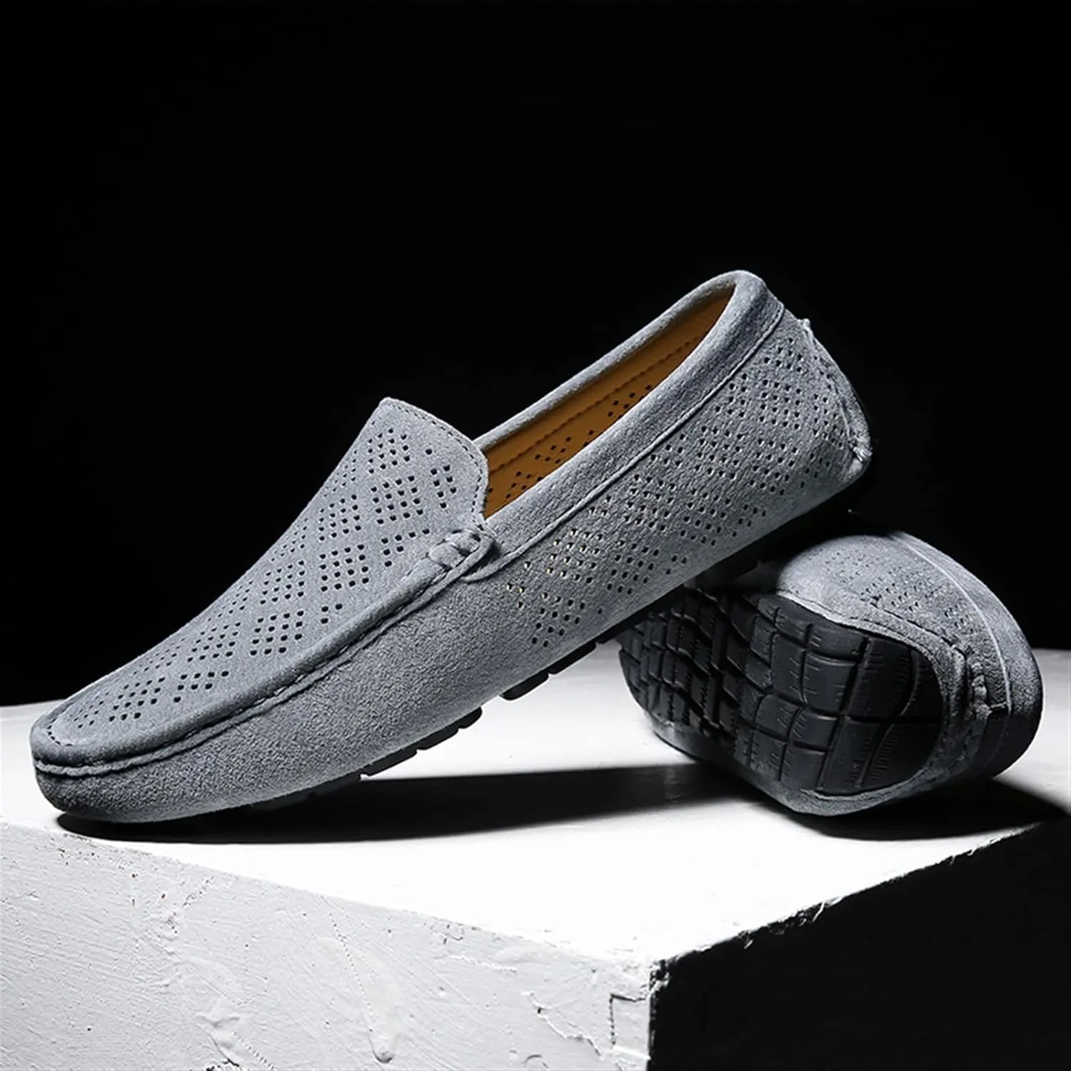 New Mens Men's Loafers Breathable Perforated Genuine Leather Round Toe Driving Comfortable Flat Heel Anti-slip Slip Resistant Lightweight Casual Driving