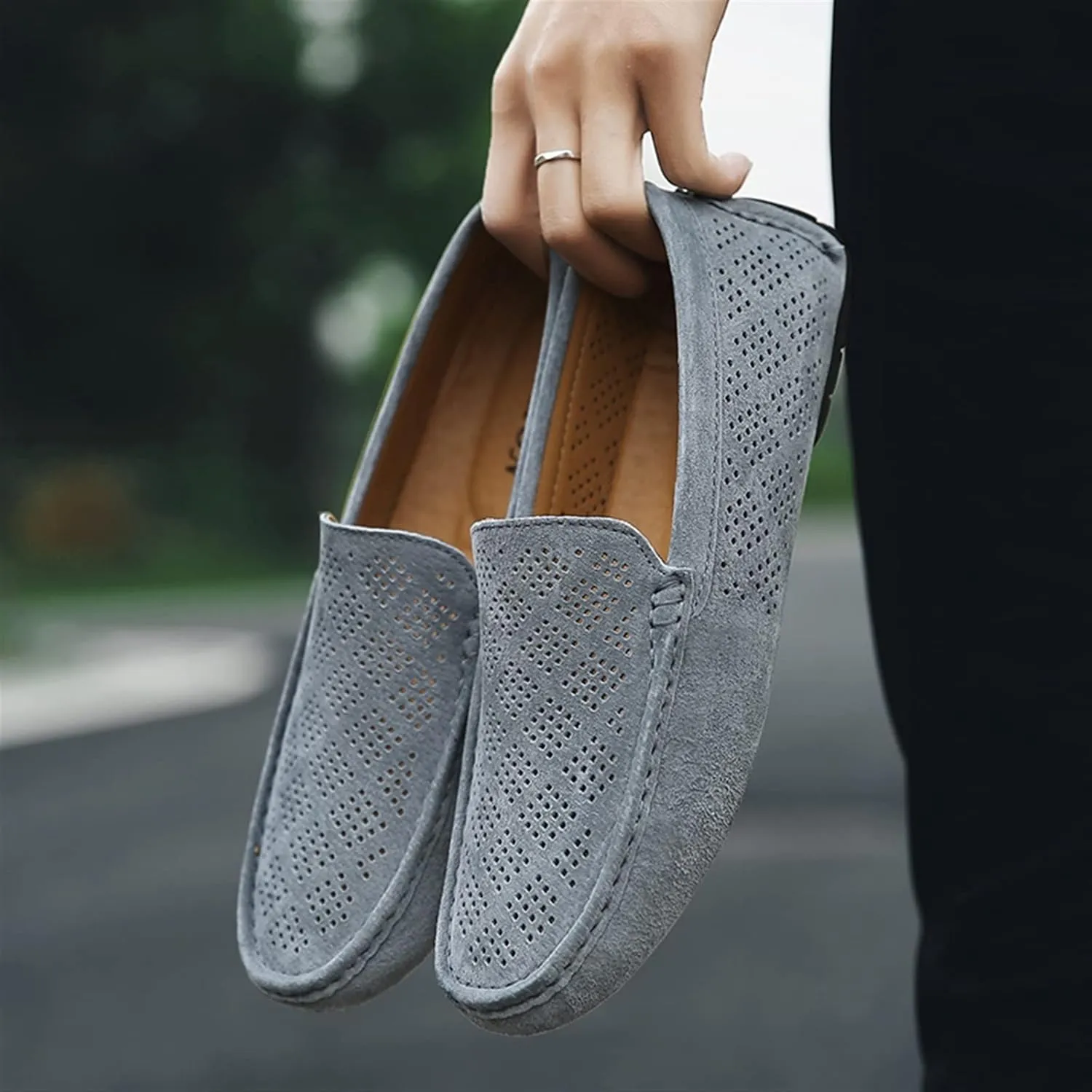New Mens Men's Loafers Breathable Perforated Genuine Leather Round Toe Driving Comfortable Flat Heel Anti-slip Slip Resistant Lightweight Casual Driving