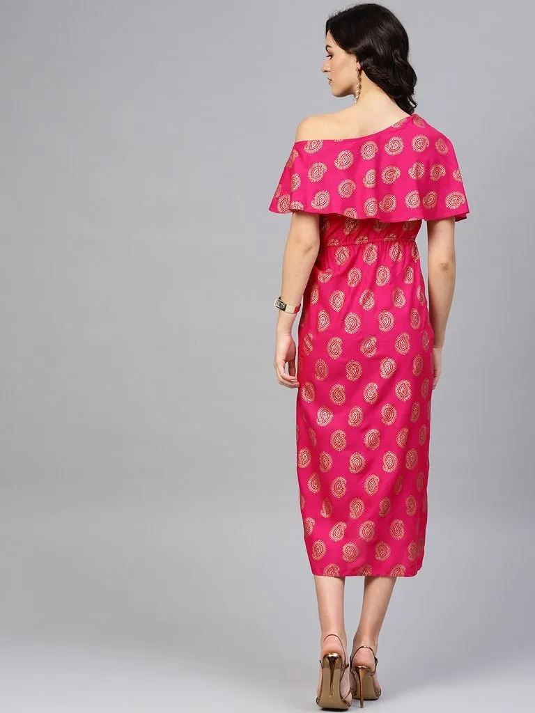 One Shoulder Yoke Overlap Printed Dress