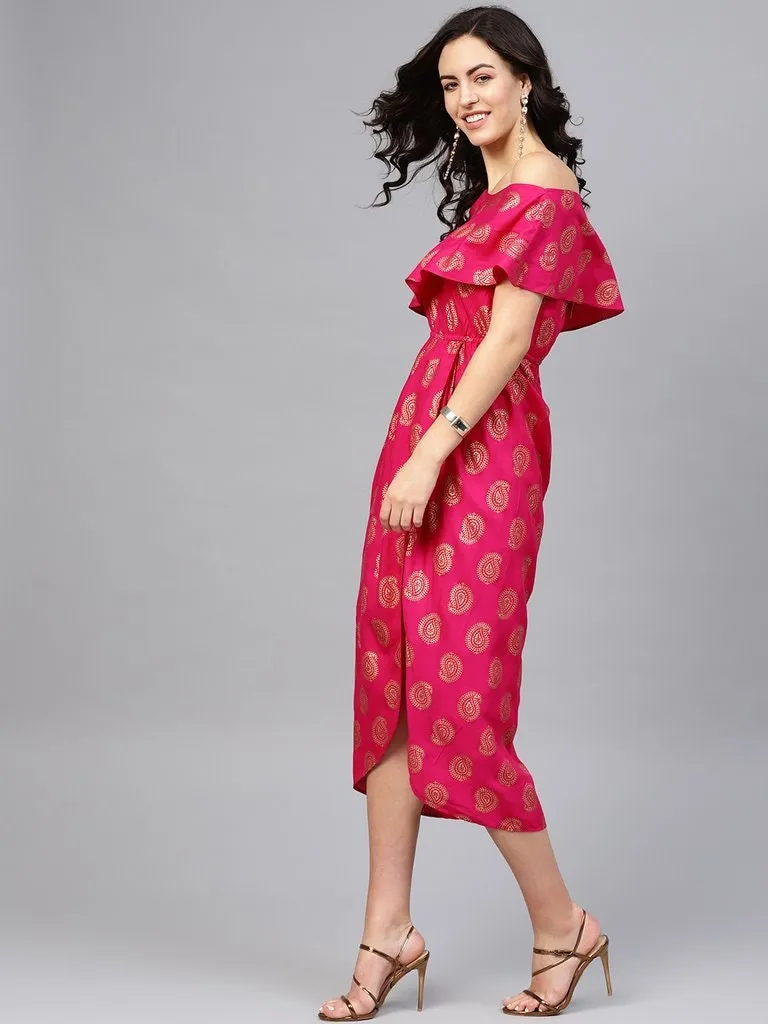 One Shoulder Yoke Overlap Printed Dress