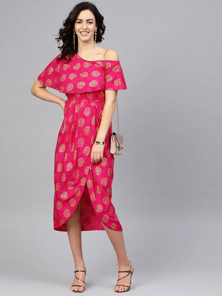 One Shoulder Yoke Overlap Printed Dress