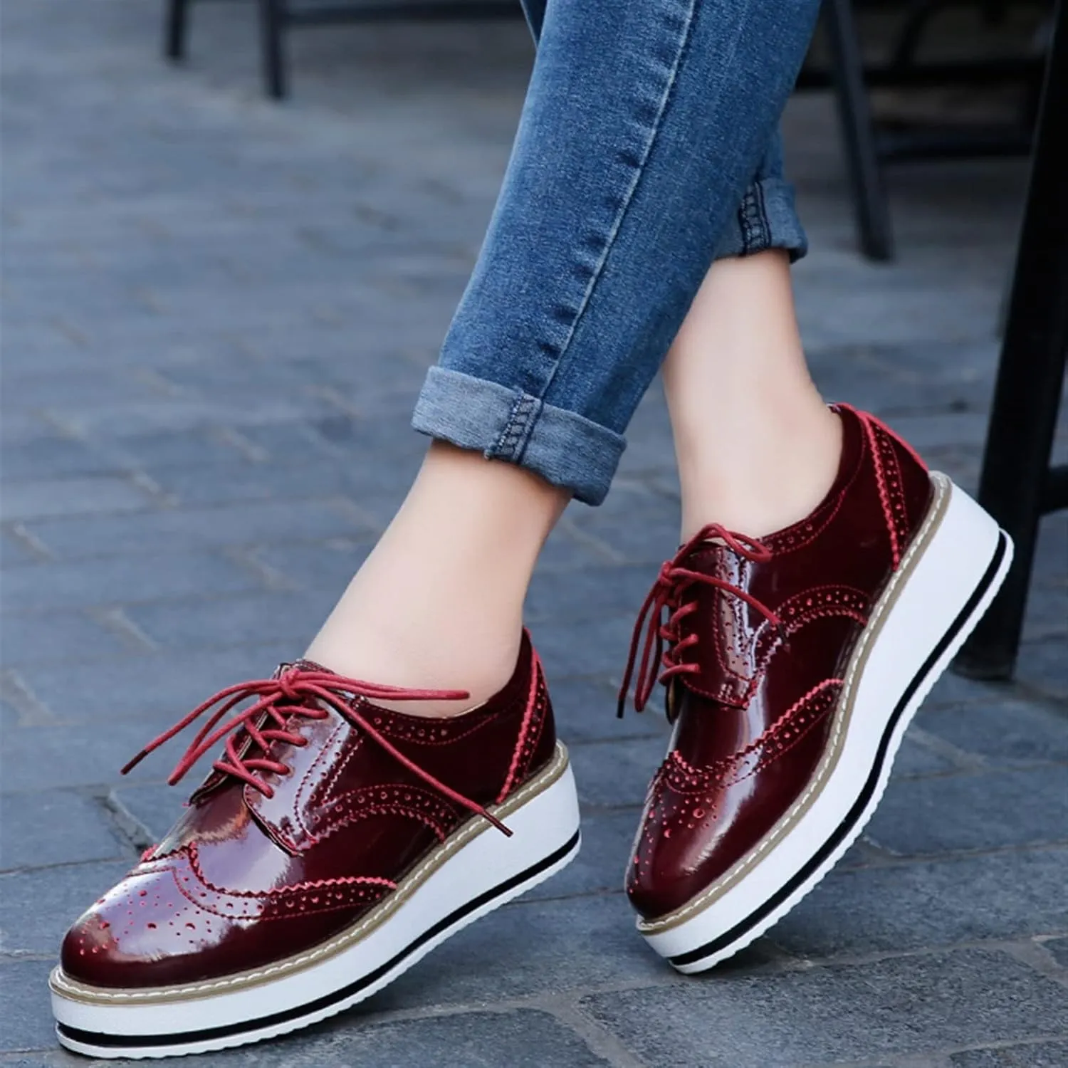 Oxfords Women's Vintage Low Chunky Heel Vegan Leather Platform Fashion Lace Up Perforated Stacked Pumps Flats Dress Shoes
