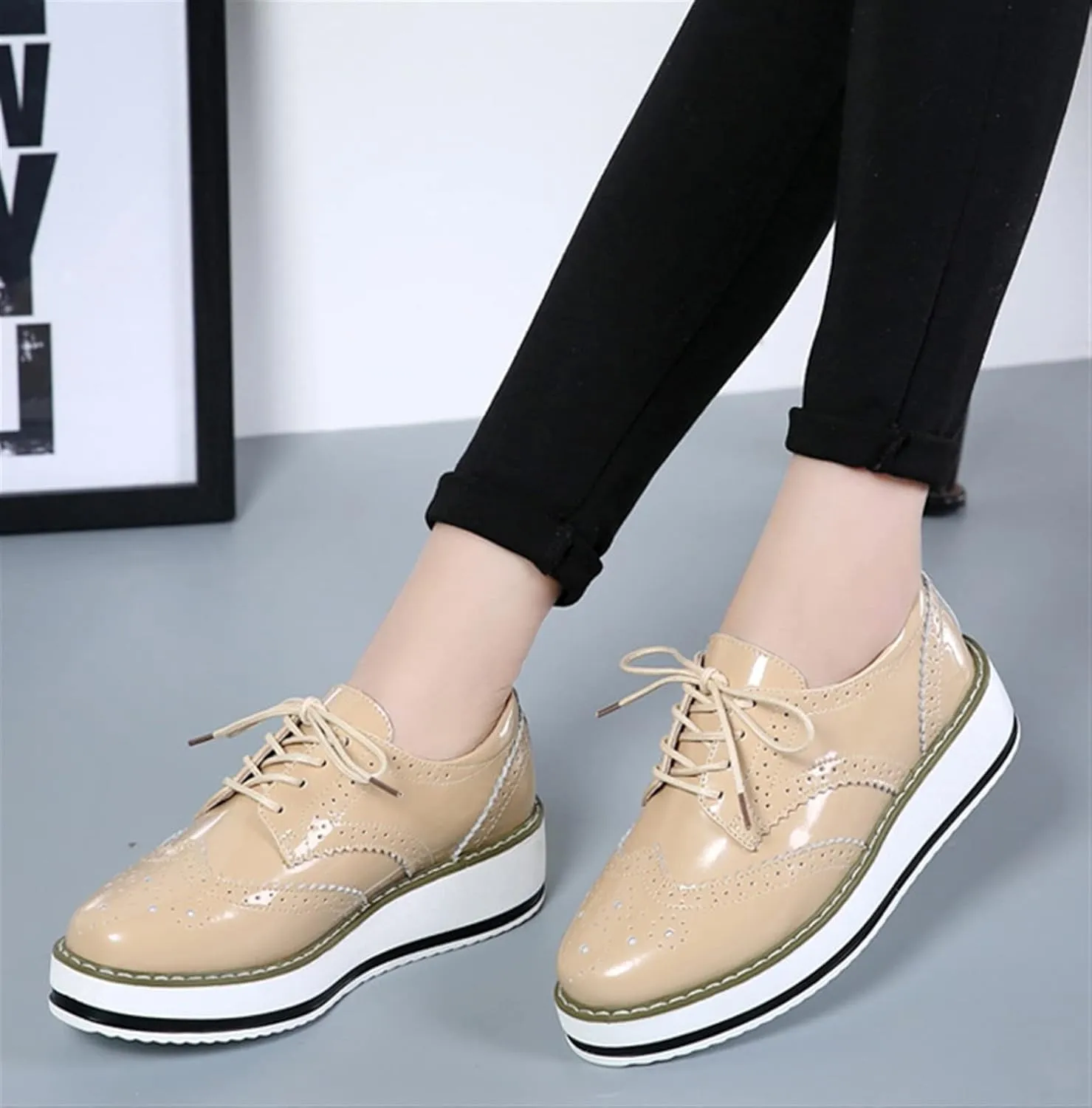 Oxfords Women's Vintage Low Chunky Heel Vegan Leather Platform Fashion Lace Up Perforated Stacked Pumps Flats Dress Shoes