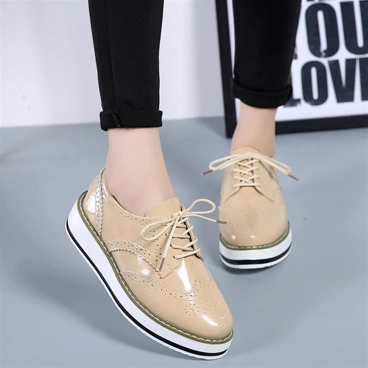 Oxfords Women's Vintage Low Chunky Heel Vegan Leather Platform Fashion Lace Up Perforated Stacked Pumps Flats Dress Shoes