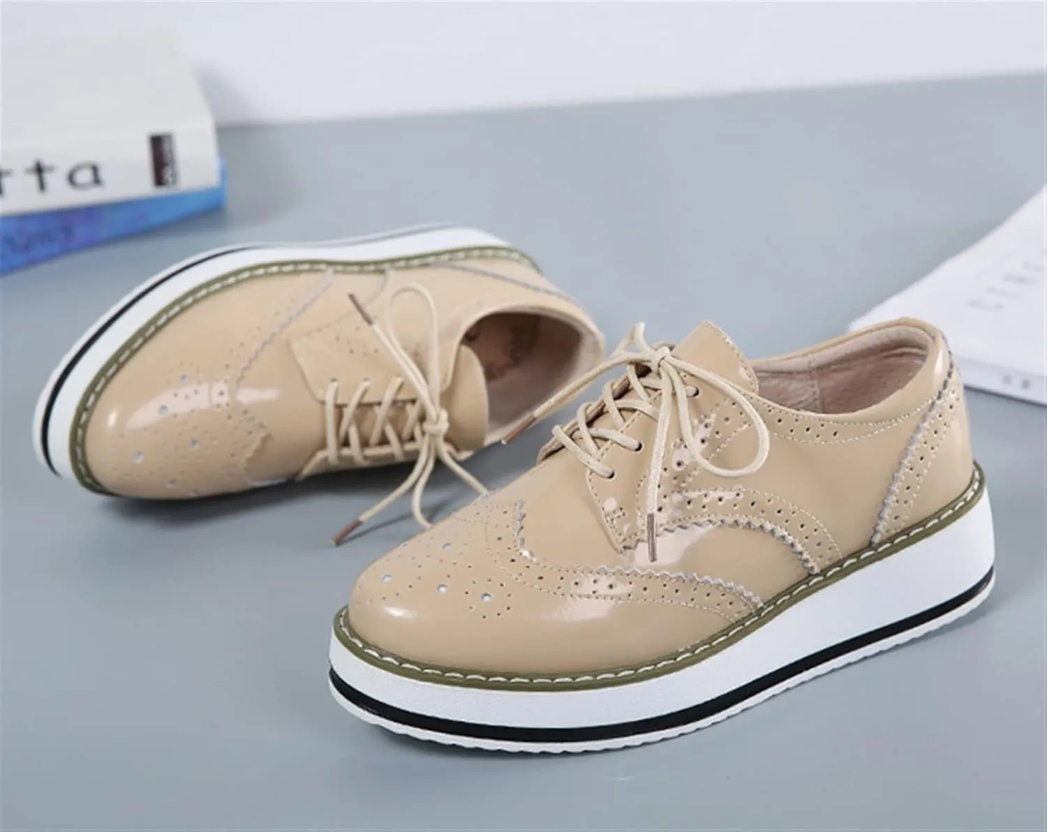 Oxfords Women's Vintage Low Chunky Heel Vegan Leather Platform Fashion Lace Up Perforated Stacked Pumps Flats Dress Shoes