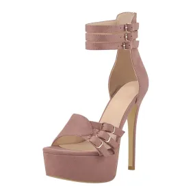 Peep Toe Platform Flock Buckles Decor Ankle Strap Thin Heel Sandals