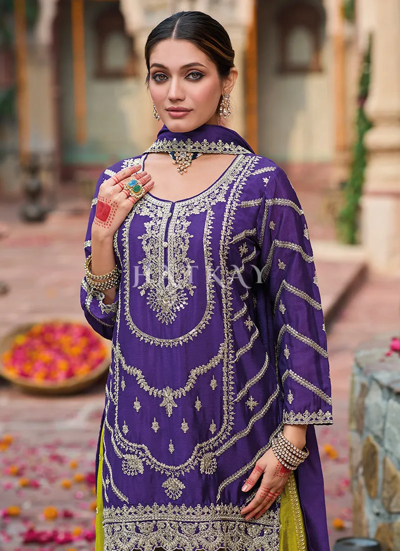 Purple And Lime Embroidery Sharara Style Suit