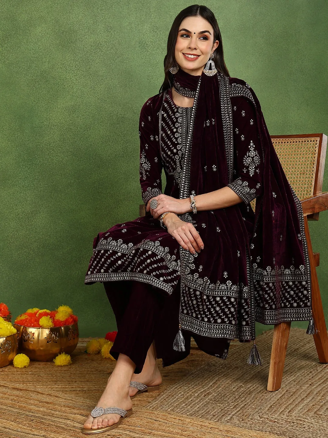 Purple Velvet Ethnic Motifs Printed Straight 3-Piece Suit Set