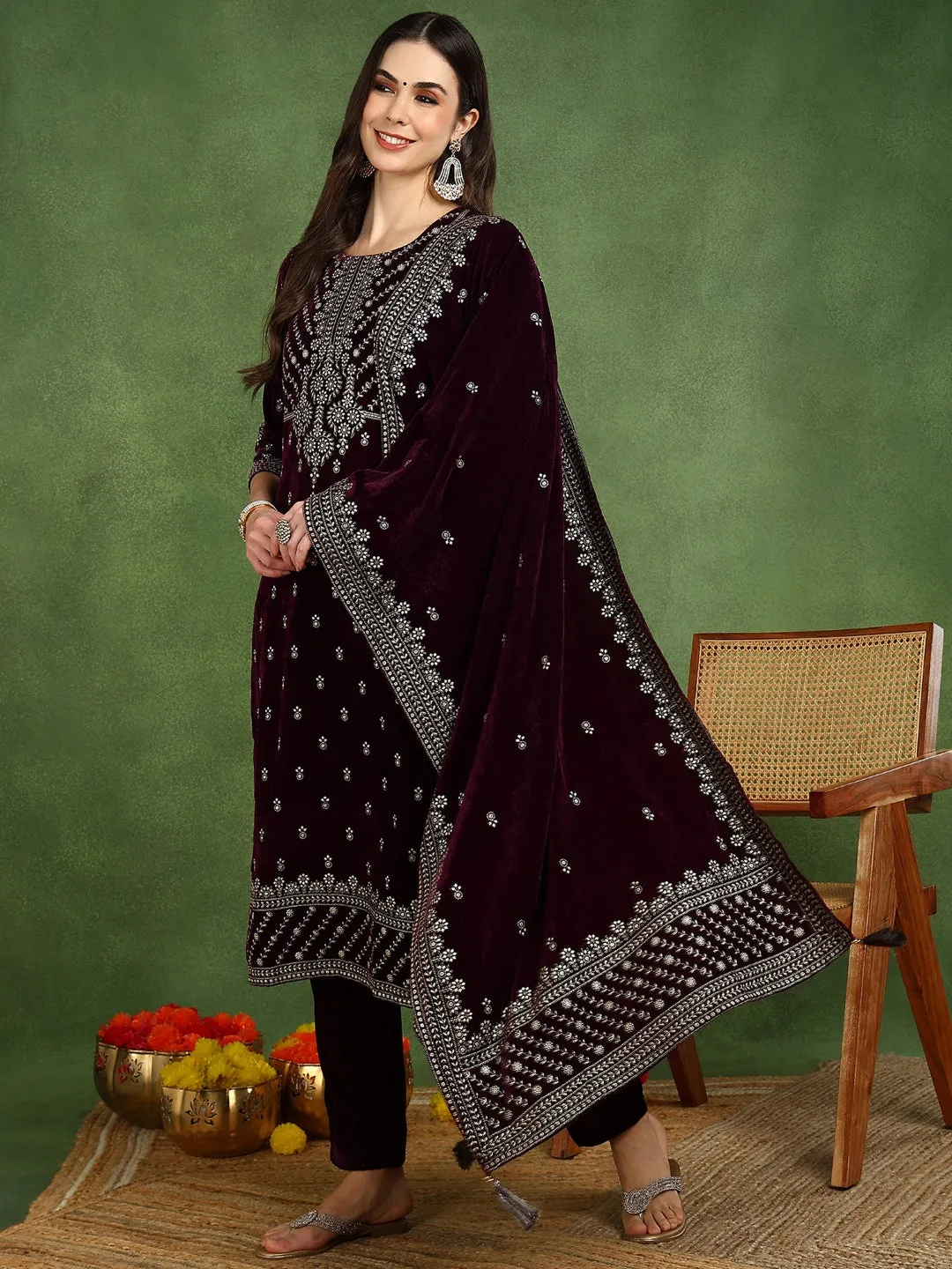 Purple Velvet Ethnic Motifs Printed Straight 3-Piece Suit Set