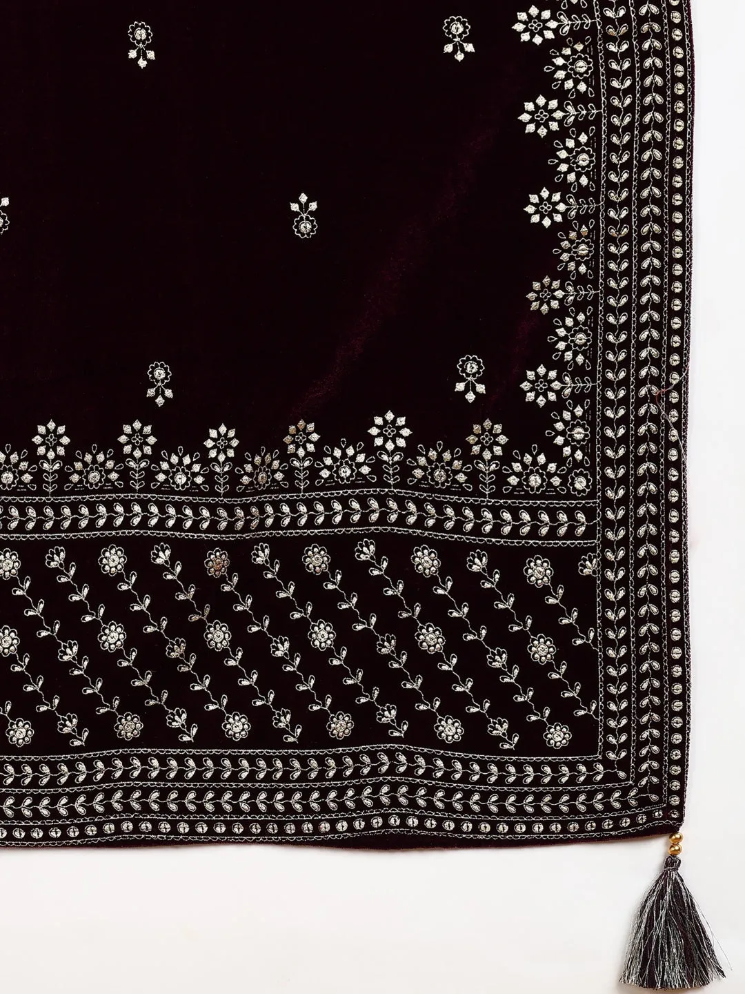 Purple Velvet Ethnic Motifs Printed Straight 3-Piece Suit Set