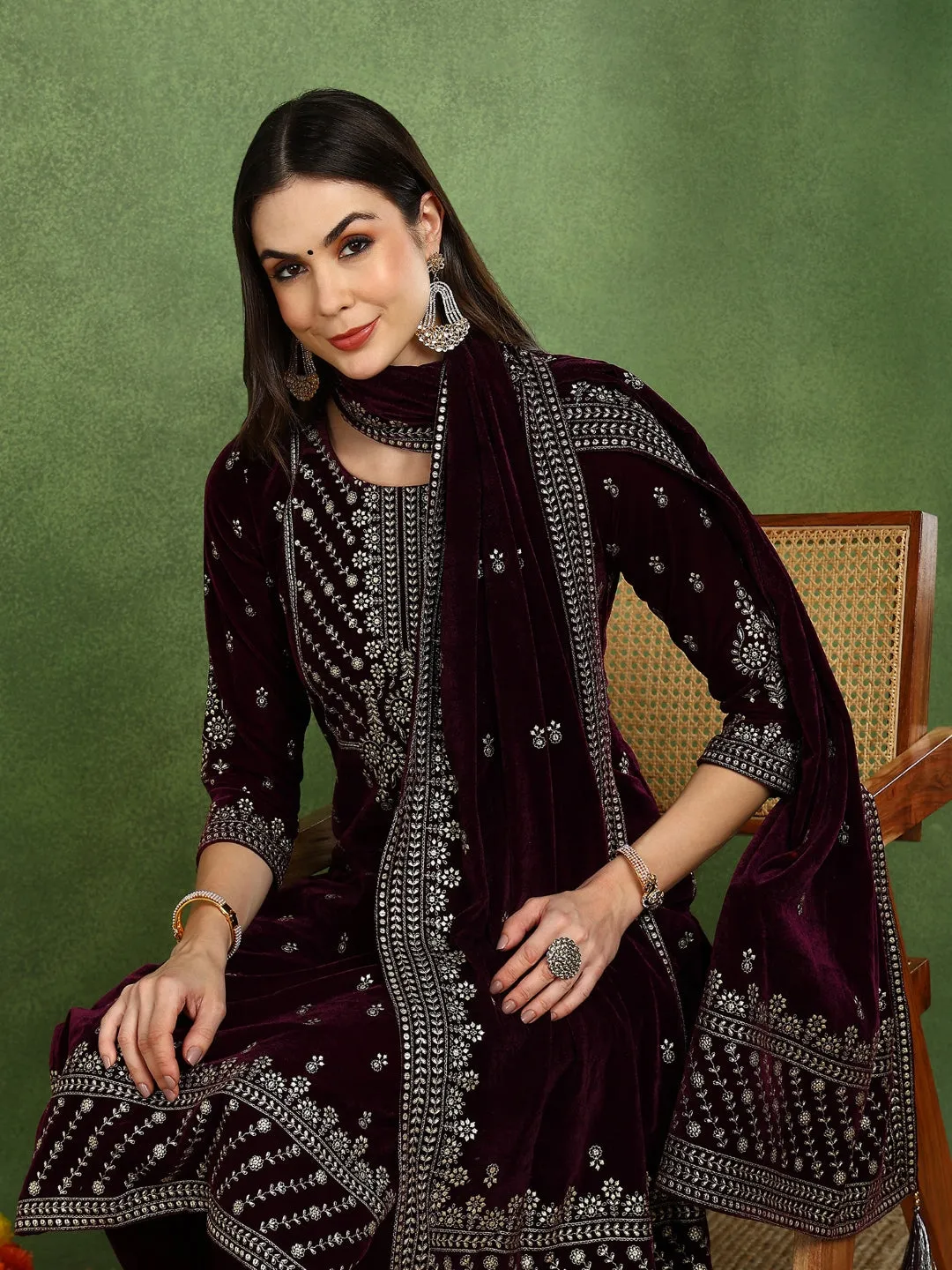 Purple Velvet Ethnic Motifs Printed Straight 3-Piece Suit Set