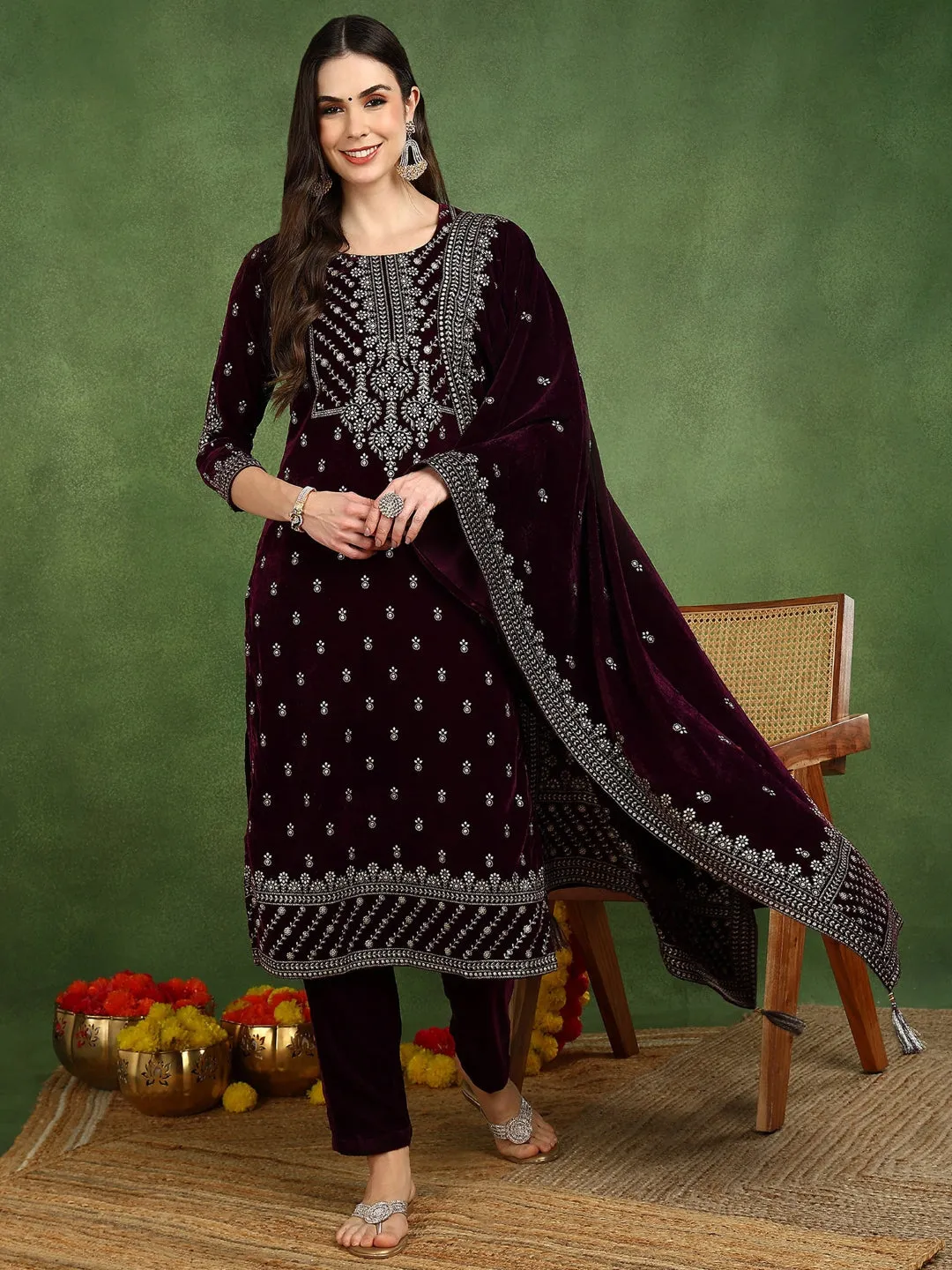 Purple Velvet Ethnic Motifs Printed Straight 3-Piece Suit Set
