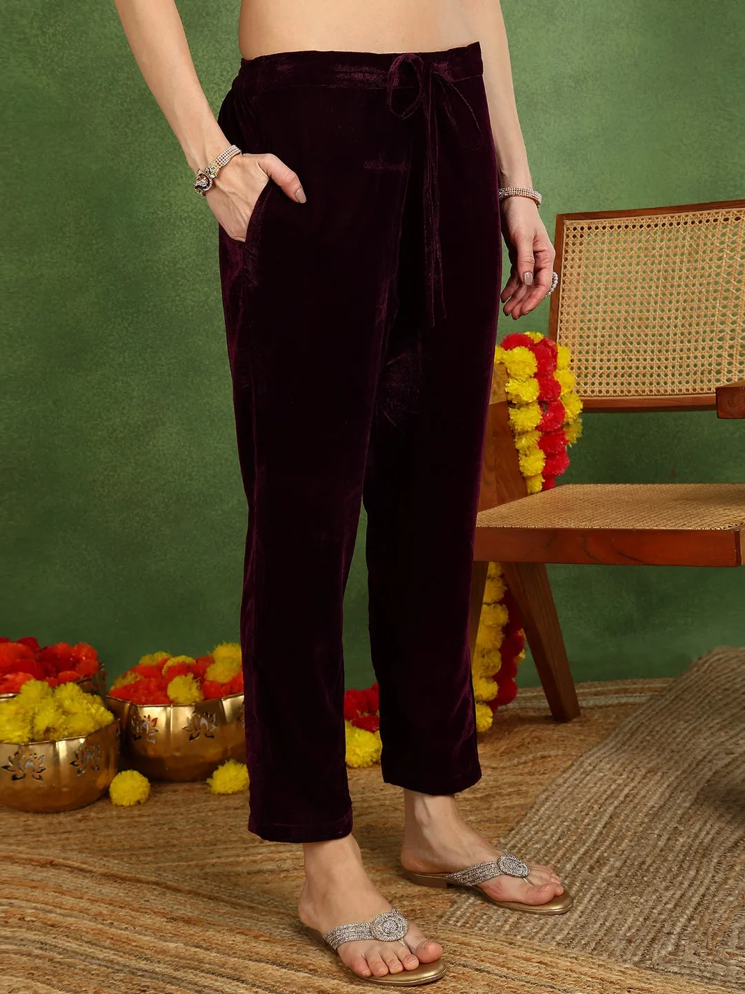 Purple Velvet Ethnic Motifs Printed Straight 3-Piece Suit Set