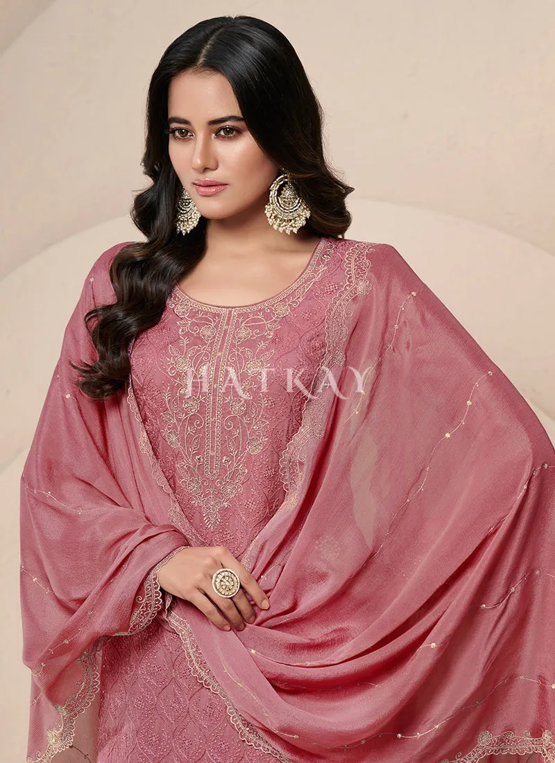 Rose Pink Schiffli Embroidered Pakistani Palazzo Suit