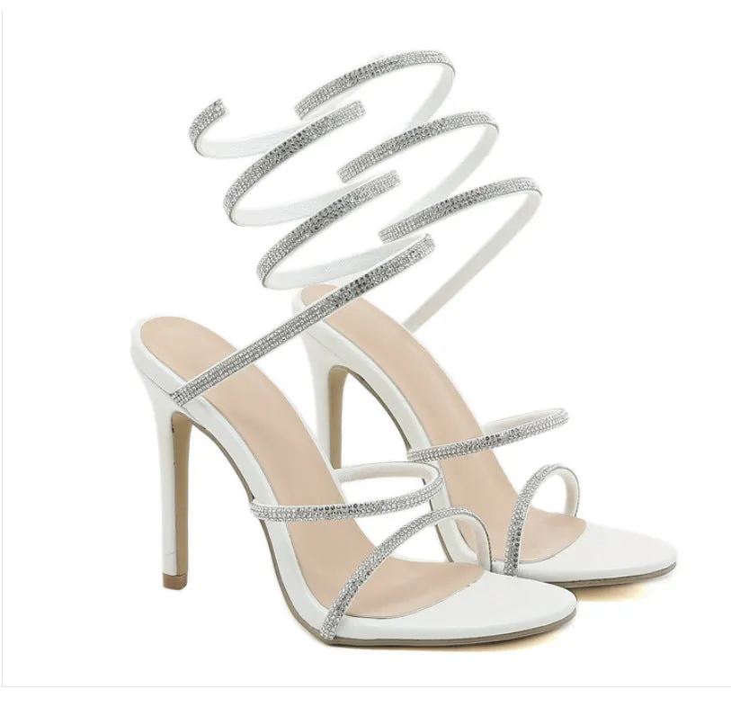 Serpentine Wraparound Stiletto Wedding Rhinestones Sandals