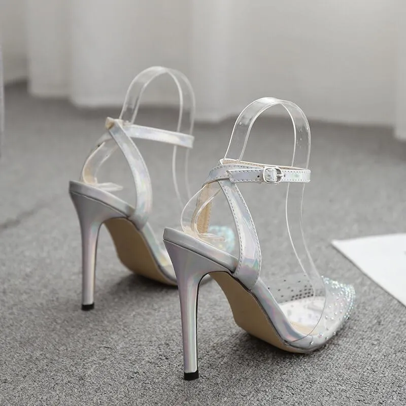 Silver Rhinestone Cleat Toe High Heel Sandals