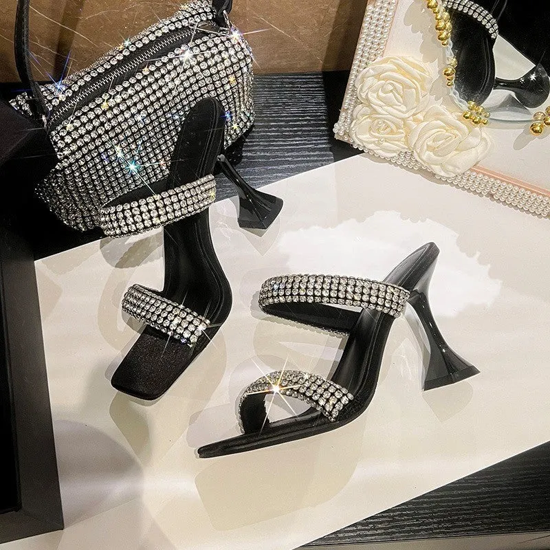 Summer Chunky Heel Square Toe Elegant Rhinestone Strap Sandals