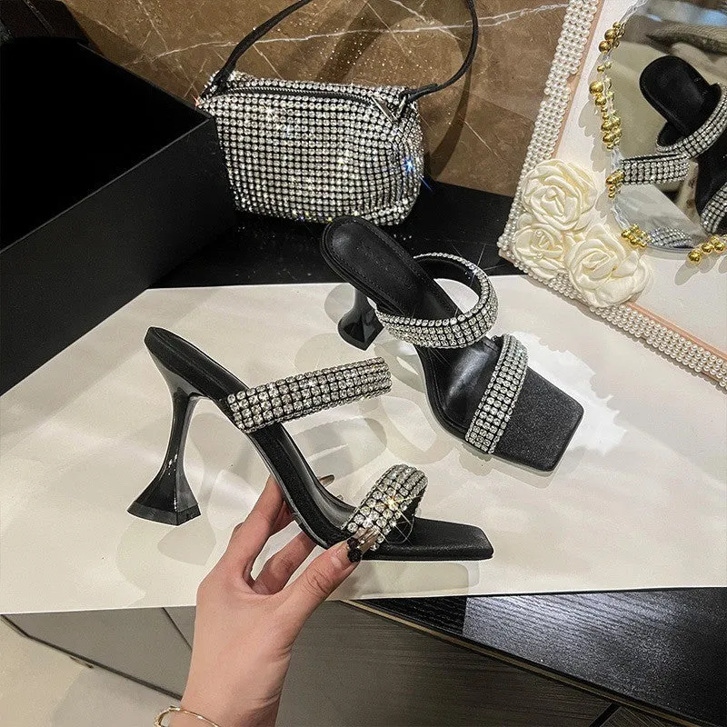 Summer Chunky Heel Square Toe Elegant Rhinestone Strap Sandals