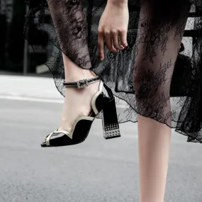 Summer Patent Leather Peep Toe Chunky Heel Sandals