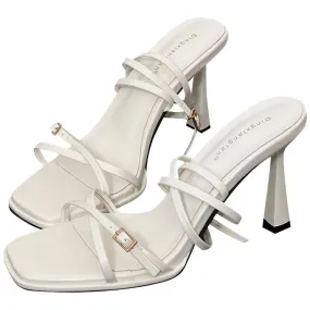 Summer White Square Toe Thin Strap High Heel Sandals